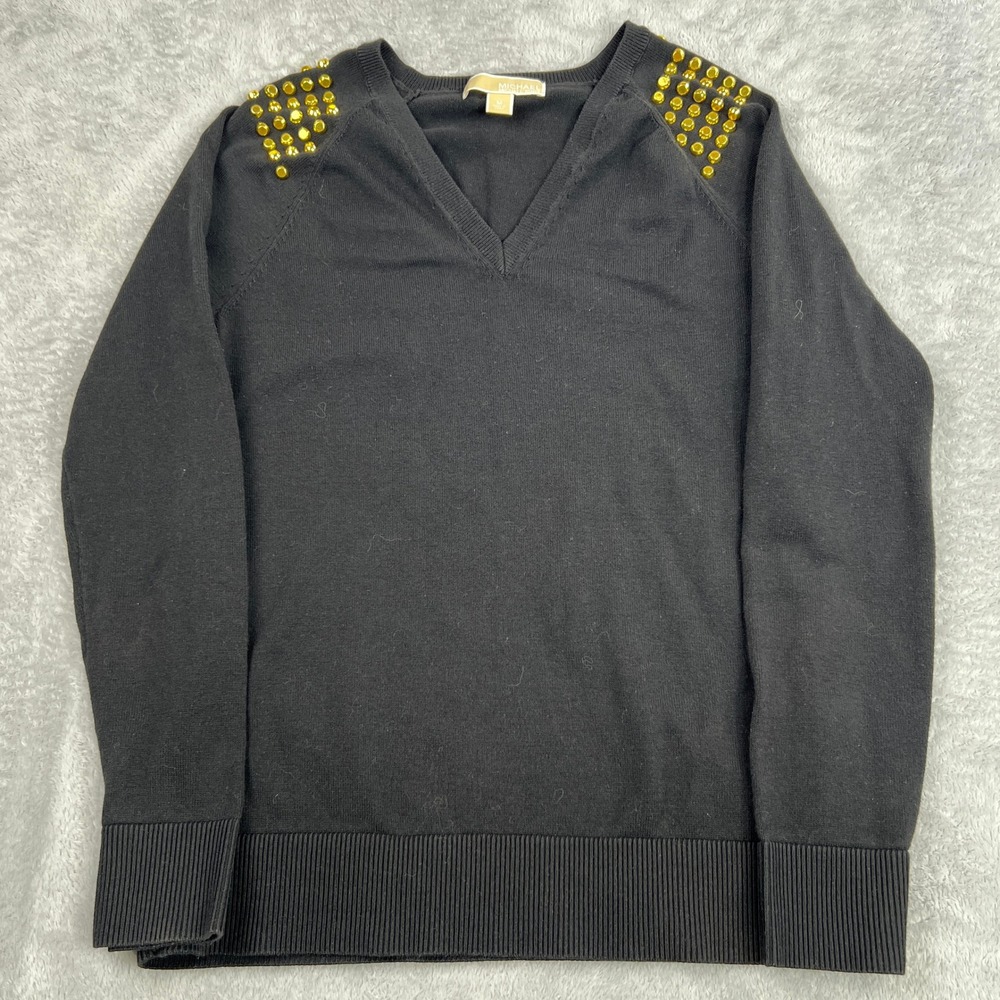 Michael Kors Studded Shoulder V-Neck Sweater M Black Women Edgy Glam Pullover